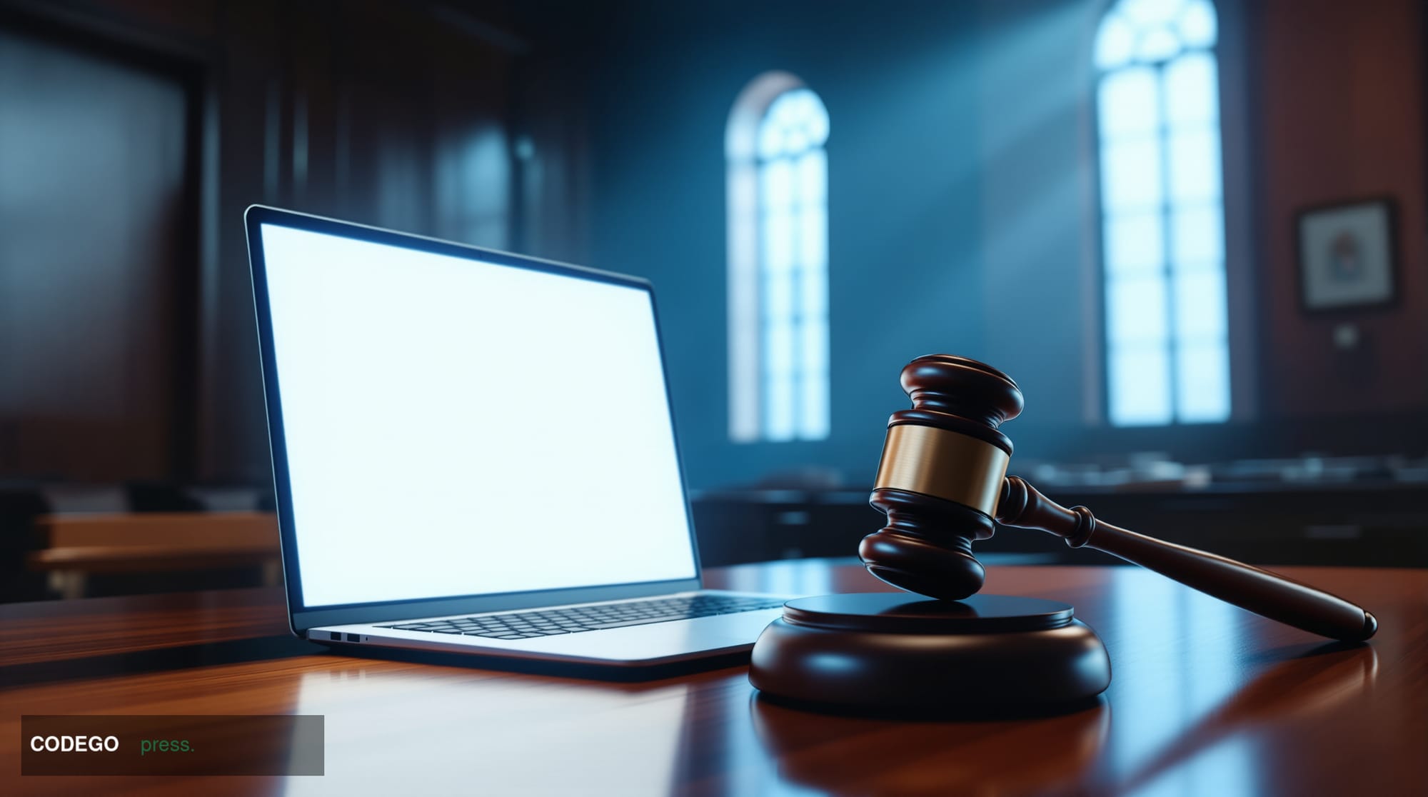 A cinematic editorial photograph depicting a sleek modern courtroom interior bathed in dramatic chiaroscuro lighting — deep s