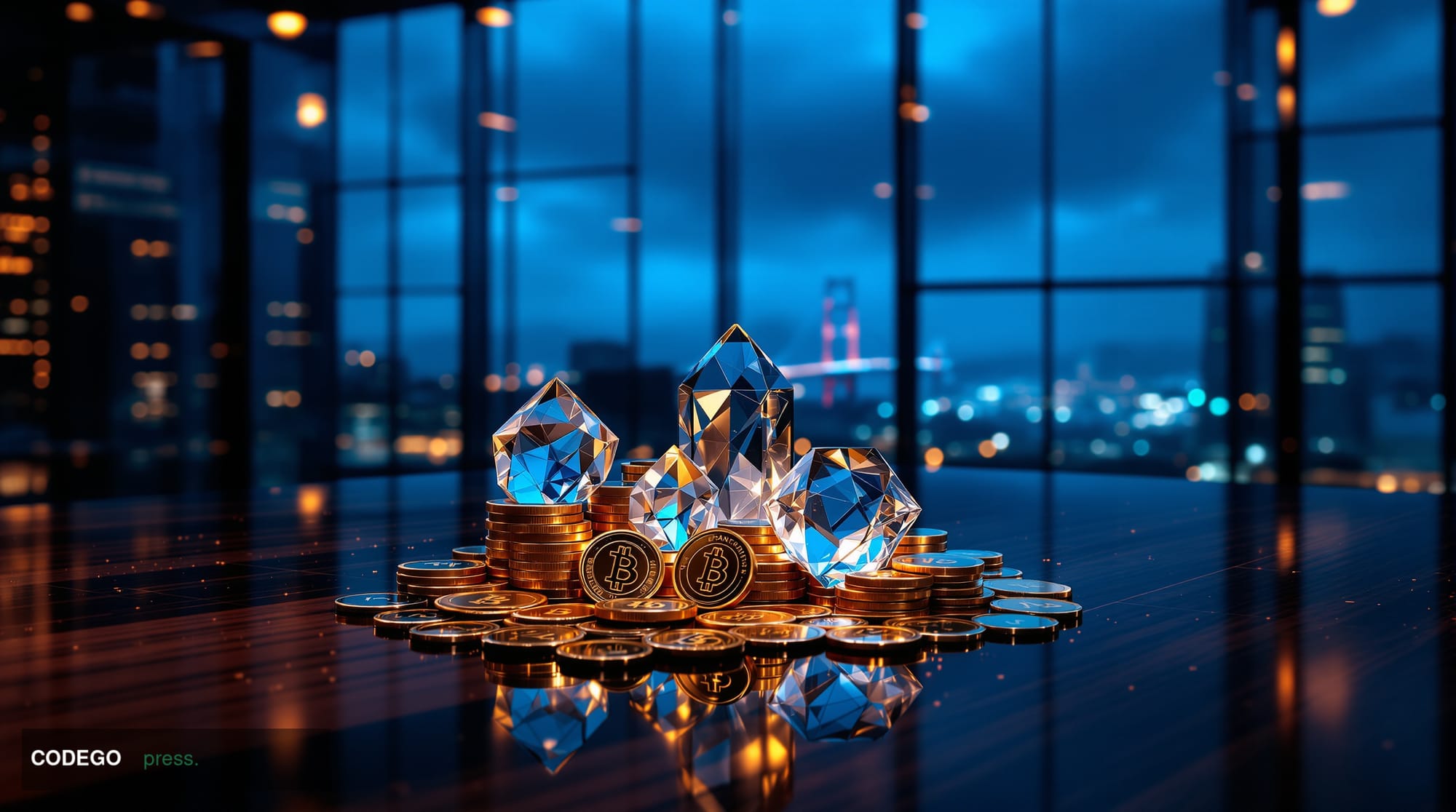 A cinematic editorial photograph of a sleek, modern financial trading floor environment bathed in deep blue and amber contras