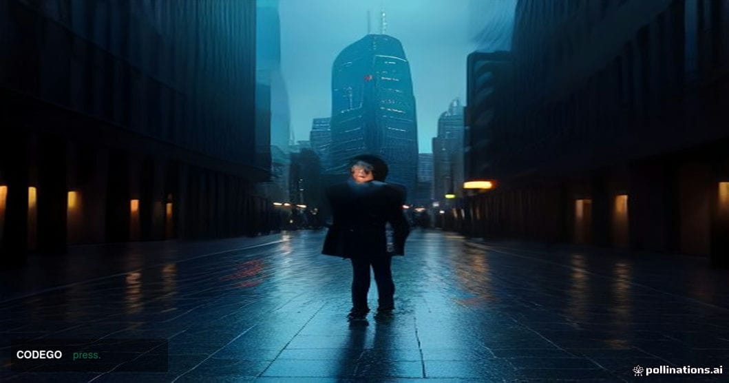 A cinematic editorial photograph set at dusk outside a sleek European financial district, with a modern glass-and-steel excha