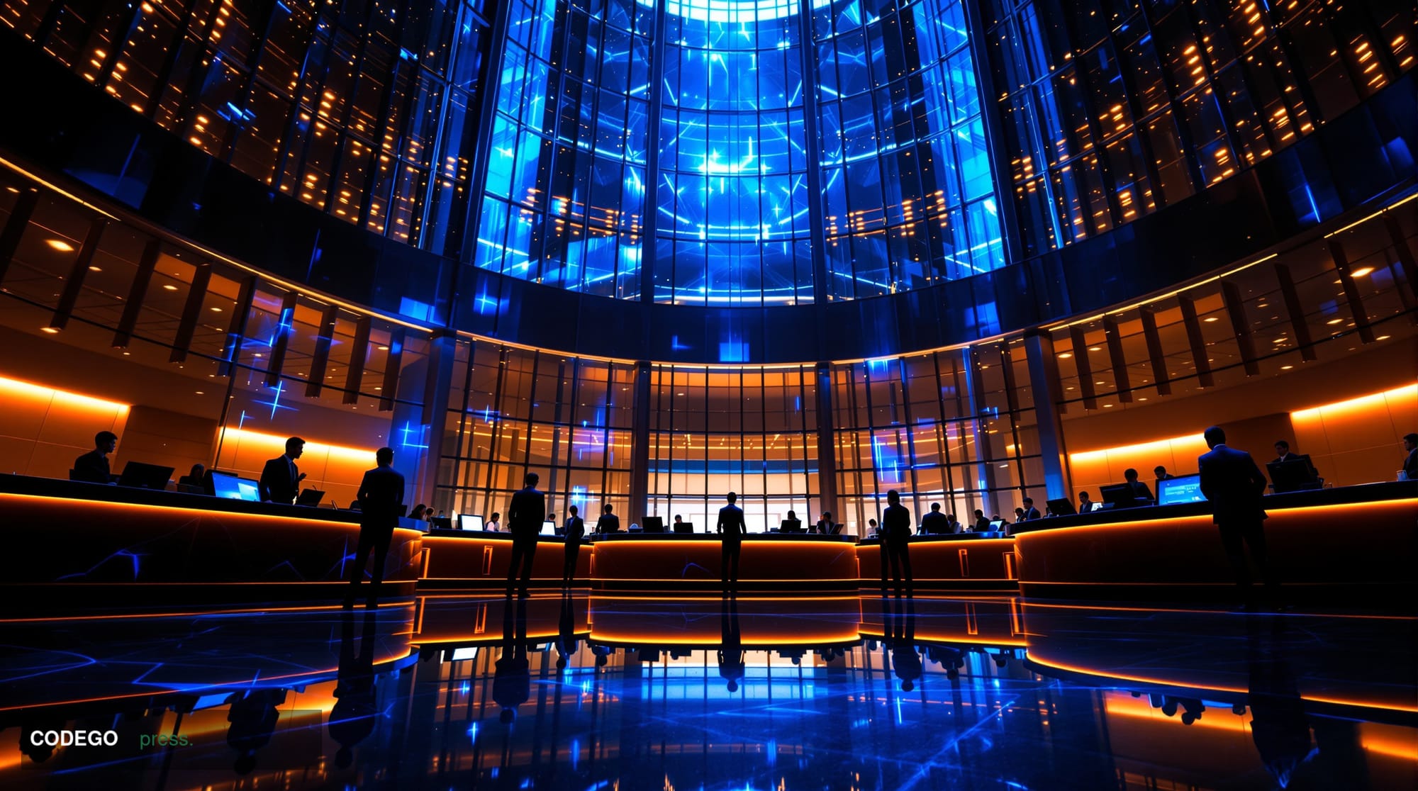 A sleek, modern financial exchange trading floor environment rendered in cinematic editorial style, shot from a low-angle per