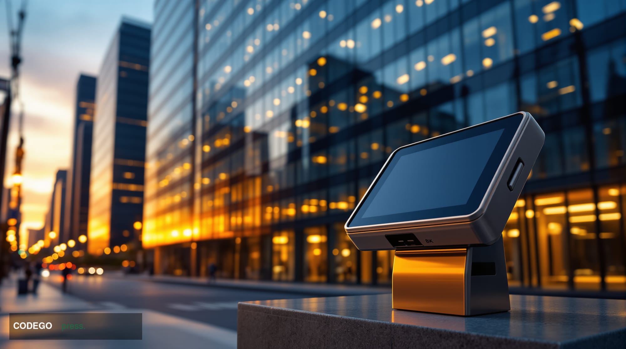 A dramatic cinematic editorial photograph of a sleek, modernist San Francisco financial district street at dusk, the glass fa