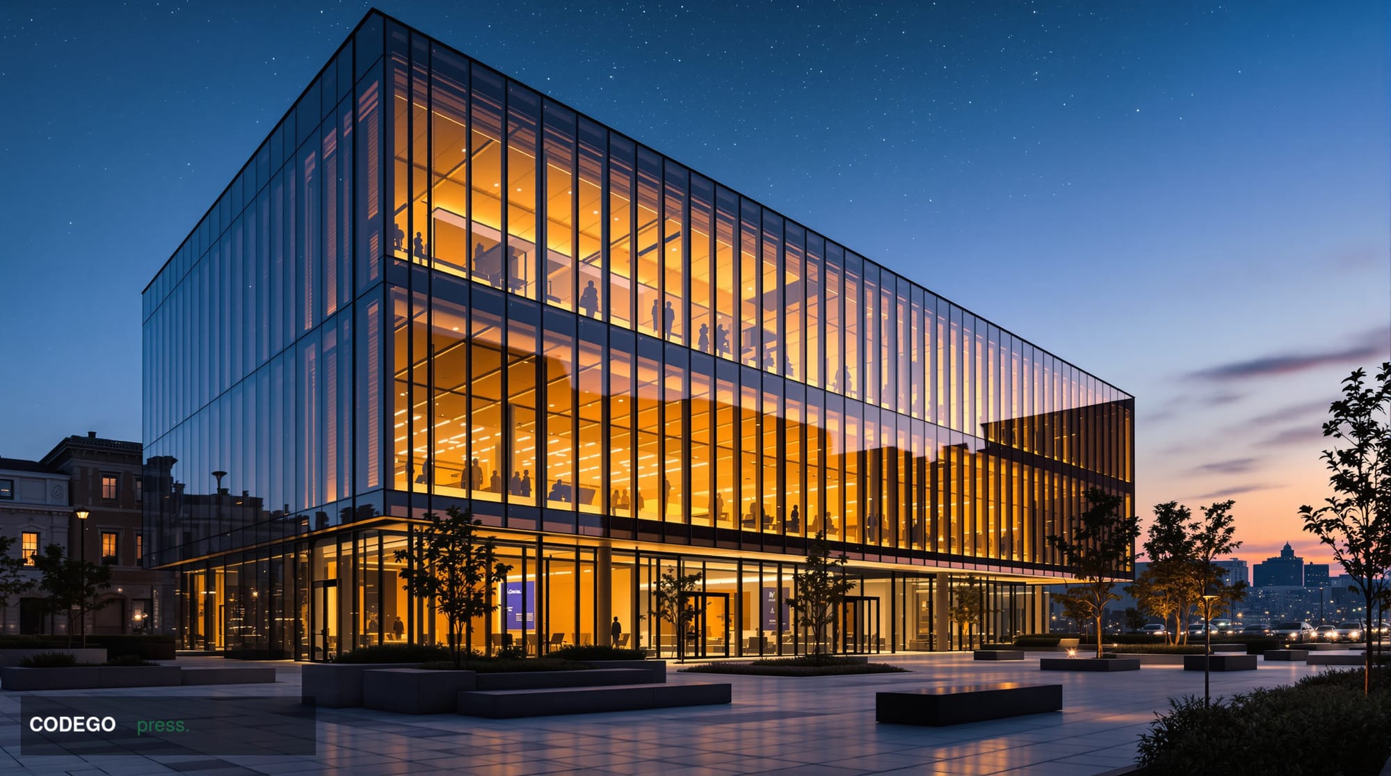 A cinematic editorial photograph of the Coinbase San Francisco office campus exterior at dusk, shot from a low angle looking 