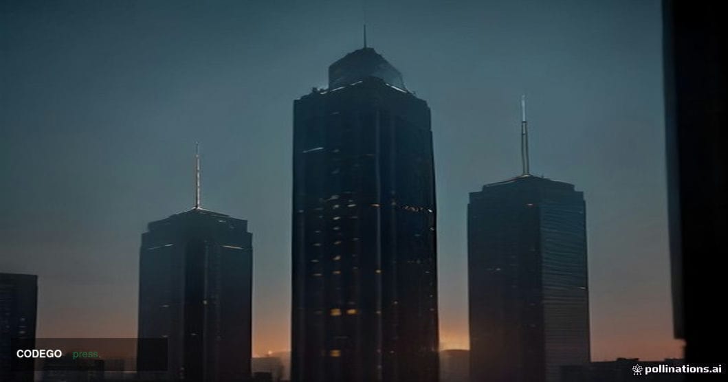 A dramatic cinematic editorial photograph of a sleek modern financial technology office building in Mumbai, India, at dusk, w