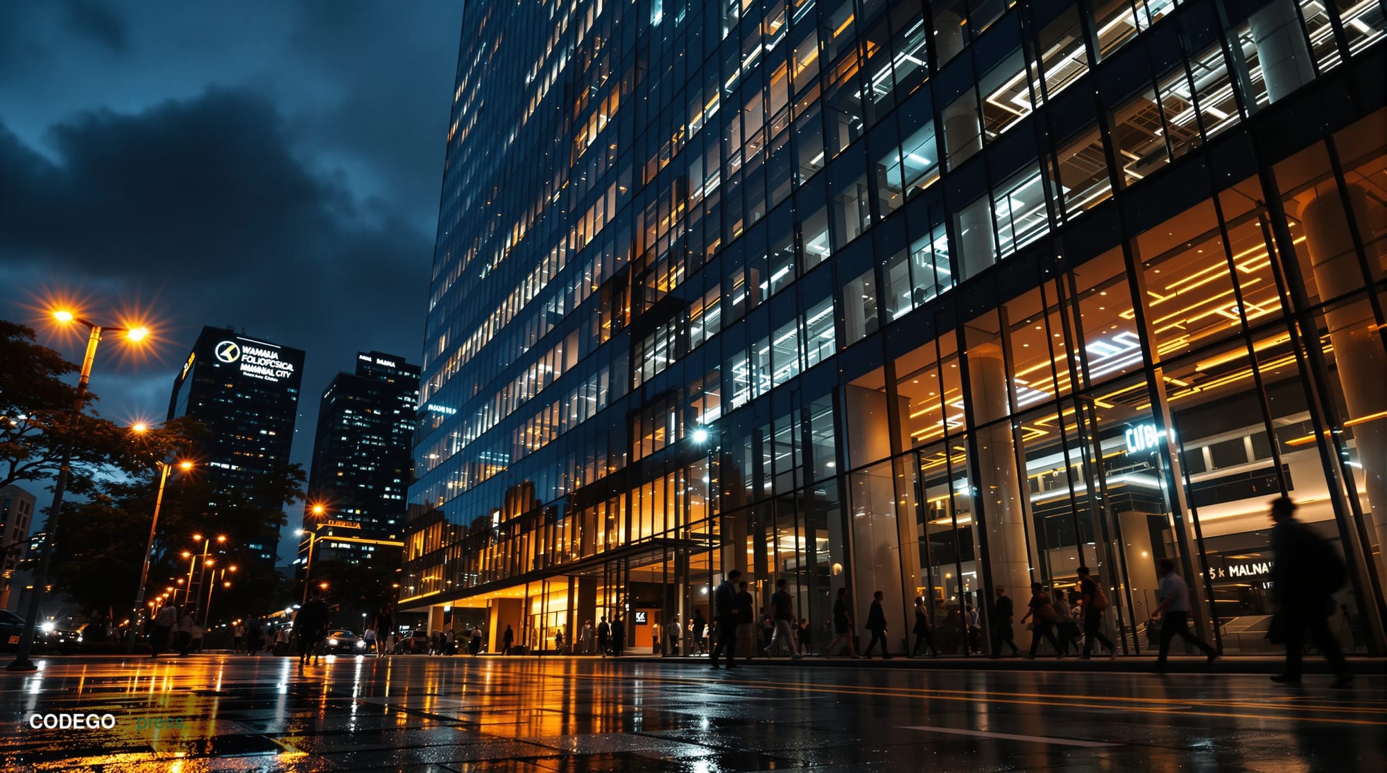 A dramatic cinematic editorial photograph shot at street level in Manila's Bonifacio Global City financial district at dusk, 