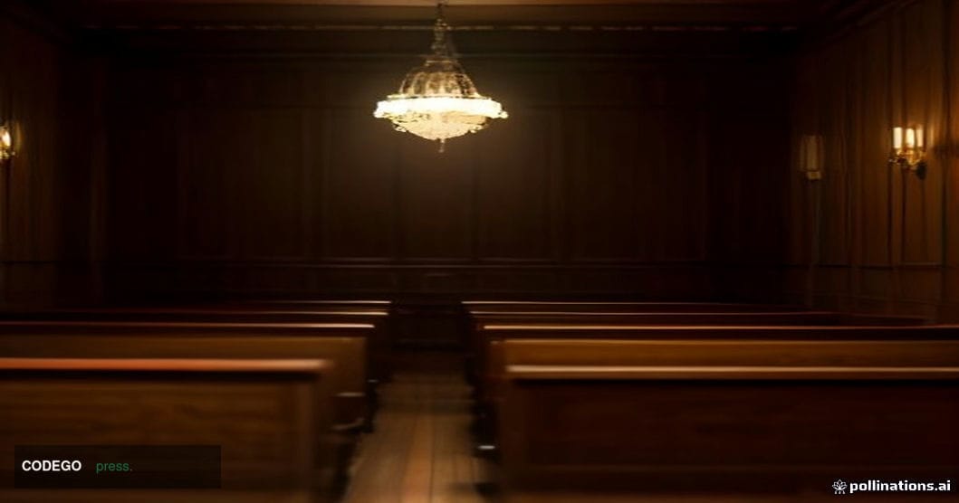 A cinematic editorial photograph set in a dramatically lit federal courtroom interior, empty wooden benches receding into sha