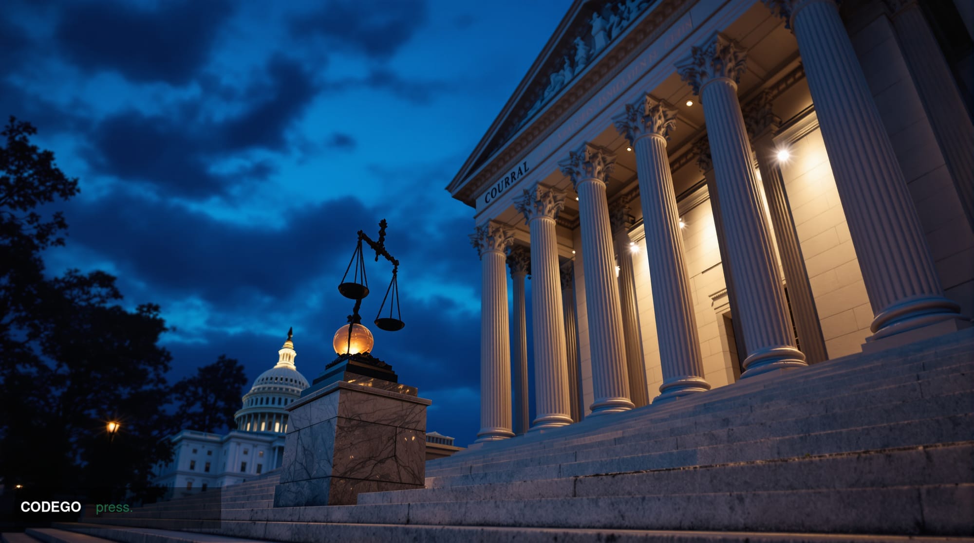A dramatic low-angle exterior shot of a federal courthouse in Washington D.C., its neoclassical white marble columns rising i