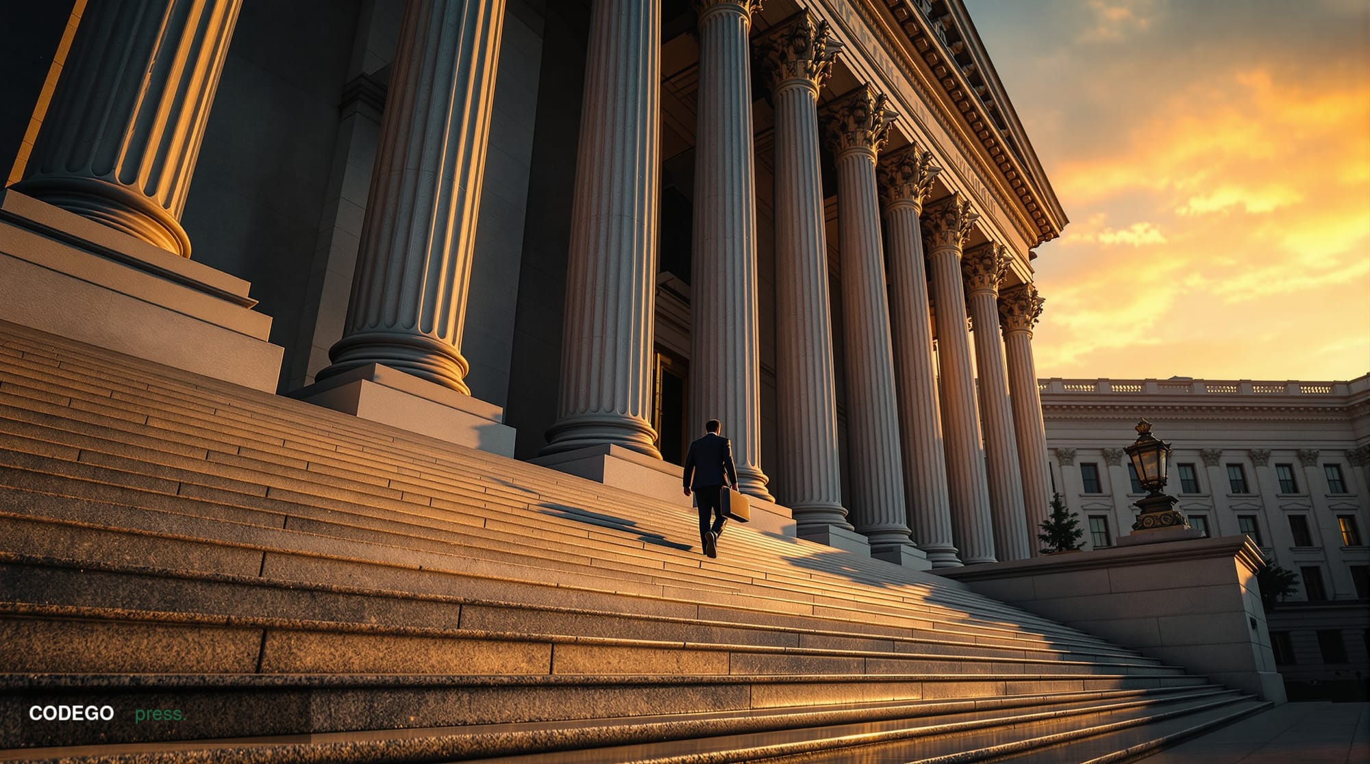 A cinematic editorial photograph of the imposing neoclassical stone facade of a federal regulatory building in Washington D.C