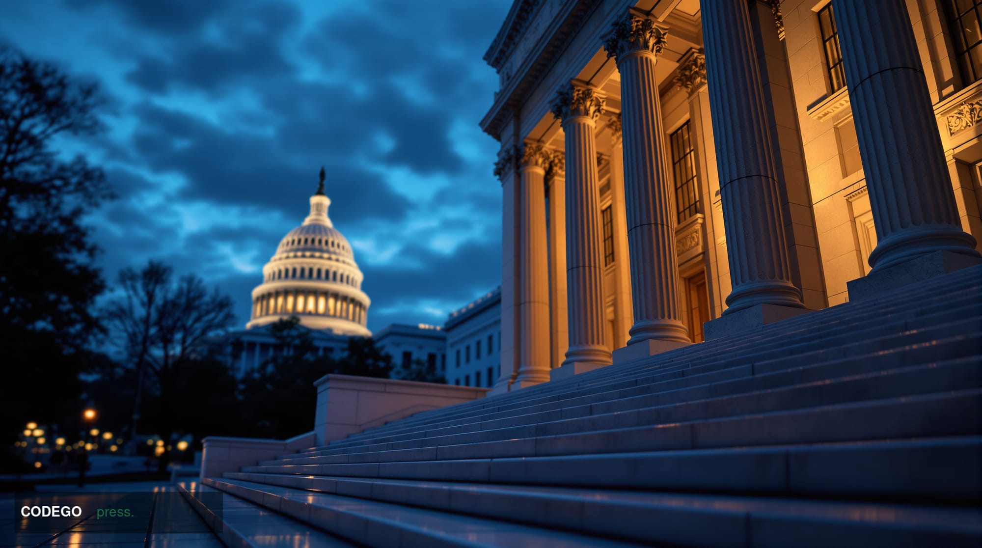 A grand neoclassical federal courthouse exterior in Washington D.C., photographed at dusk from a low dramatic angle looking u