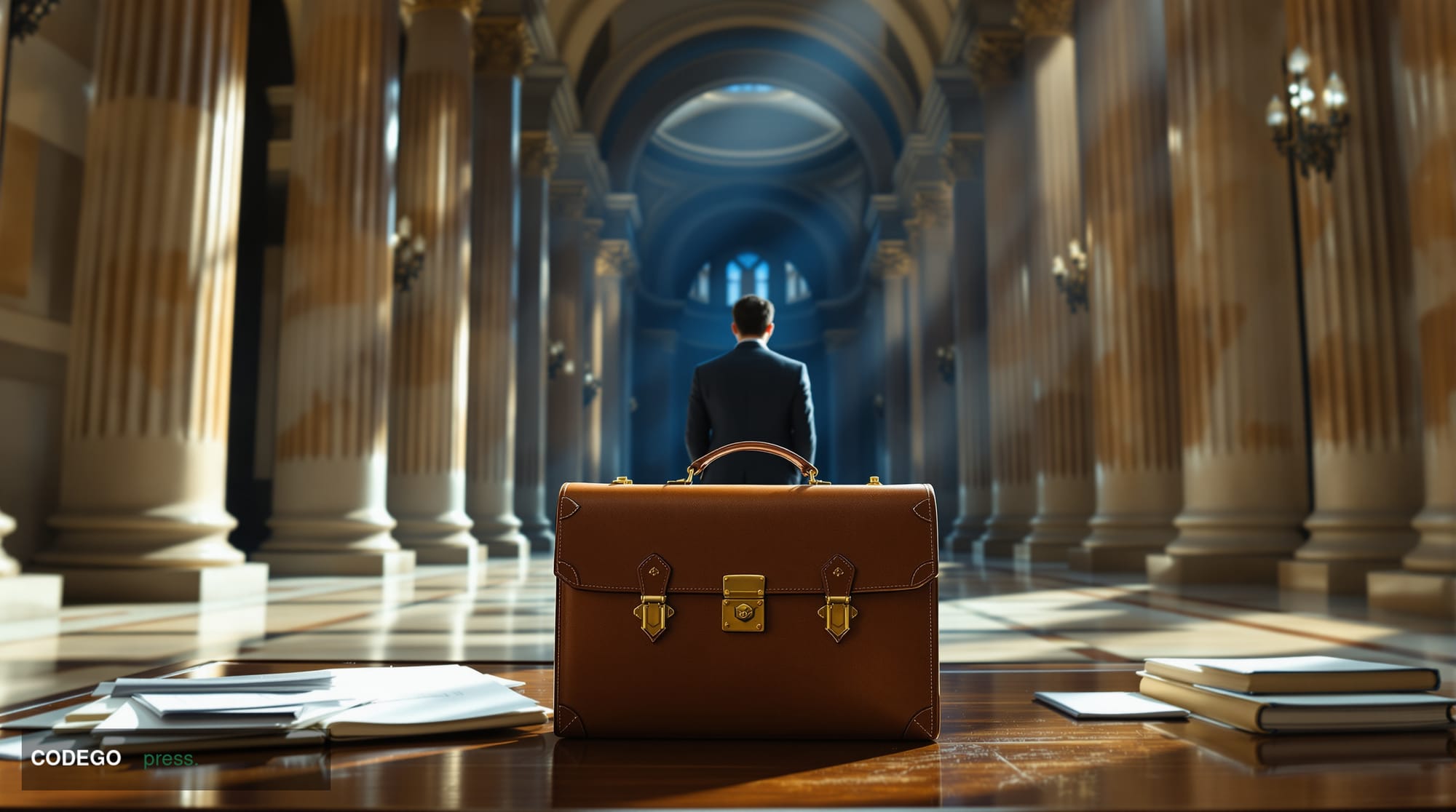 A cinematic editorial photograph set inside a grand neoclassical courthouse corridor, with polished marble columns and high v