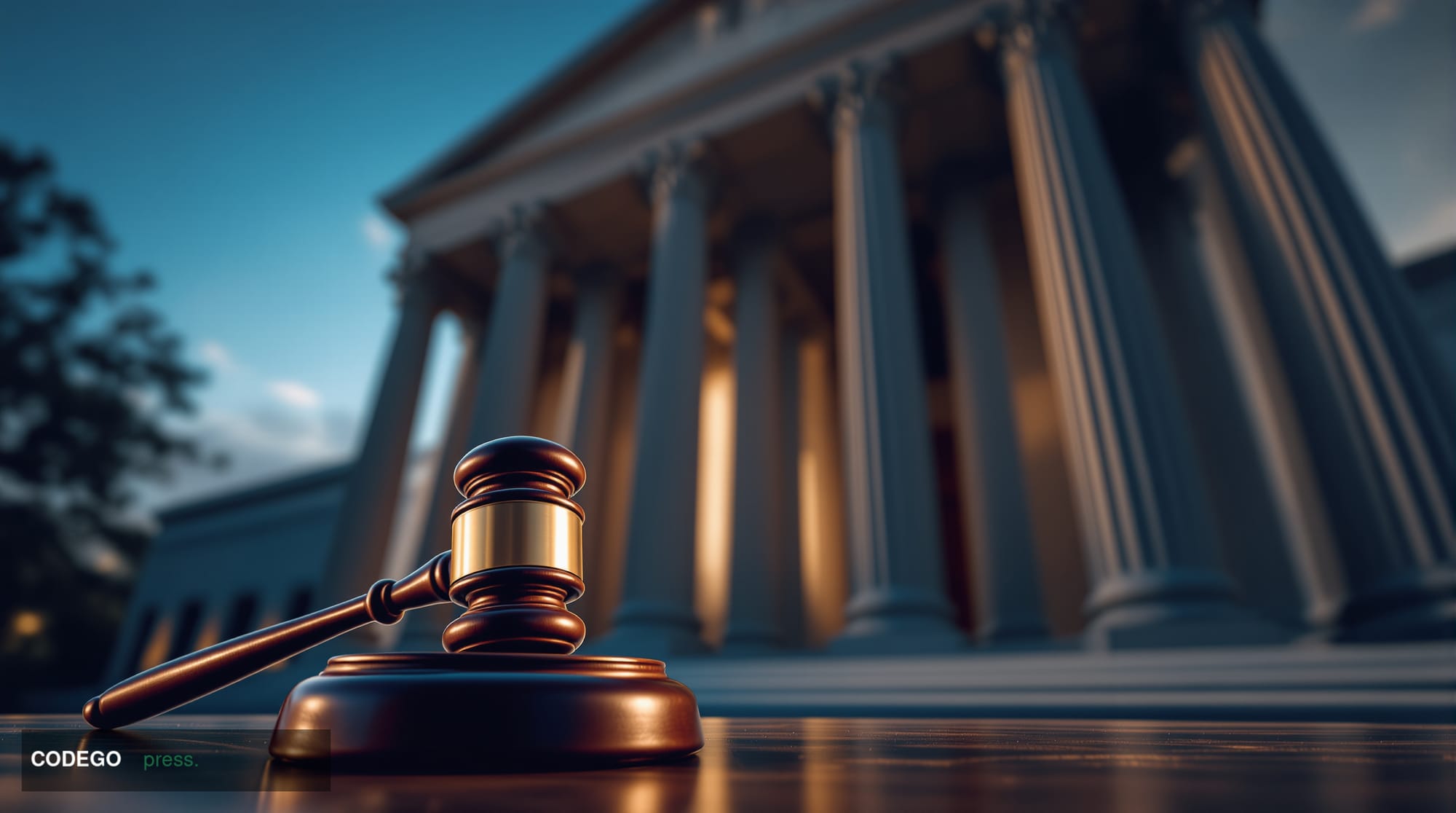 A cinematic editorial photograph shot from a low angle looking up at the imposing neoclassical stone columns of a federal cou