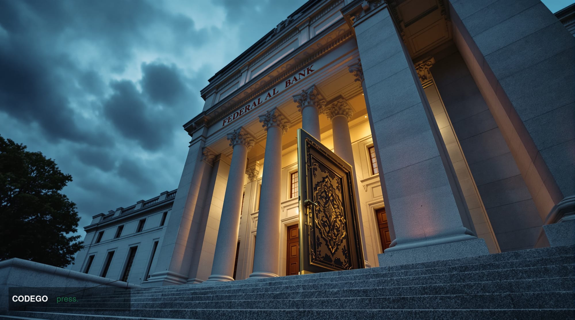 A dramatic cinematic editorial photograph shot at ground level looking upward at a grand neoclassical federal bank building f