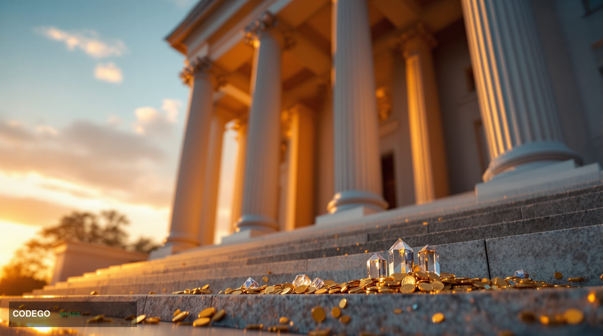 A photorealistic editorial photograph of the neoclassical stone facade of a federal courthouse building in Washington D.C., s