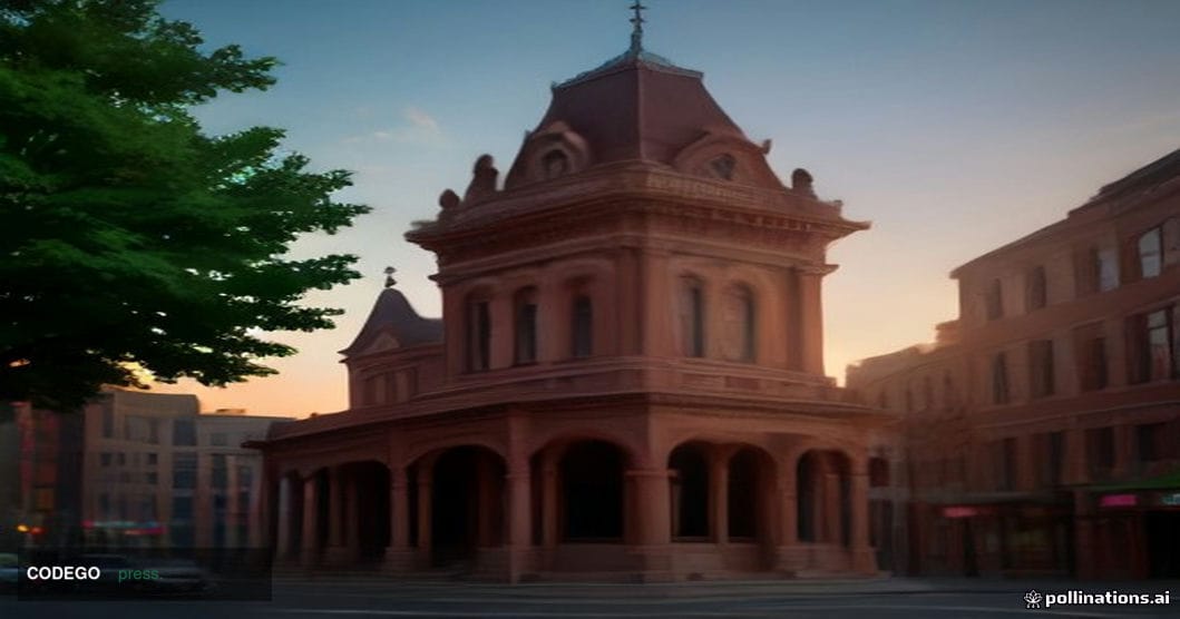 A historic red-brick community bank building on a quiet American Main Street at golden hour, photographed from a low wide-ang