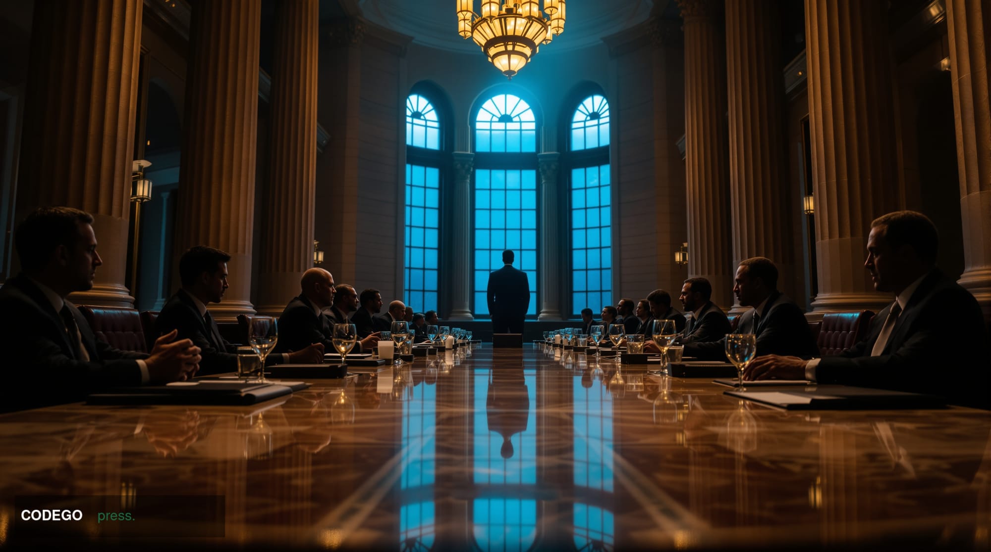 A cinematic editorial photograph set inside a grand civic banking hall in Minneapolis, Minnesota, reminiscent of the city's i