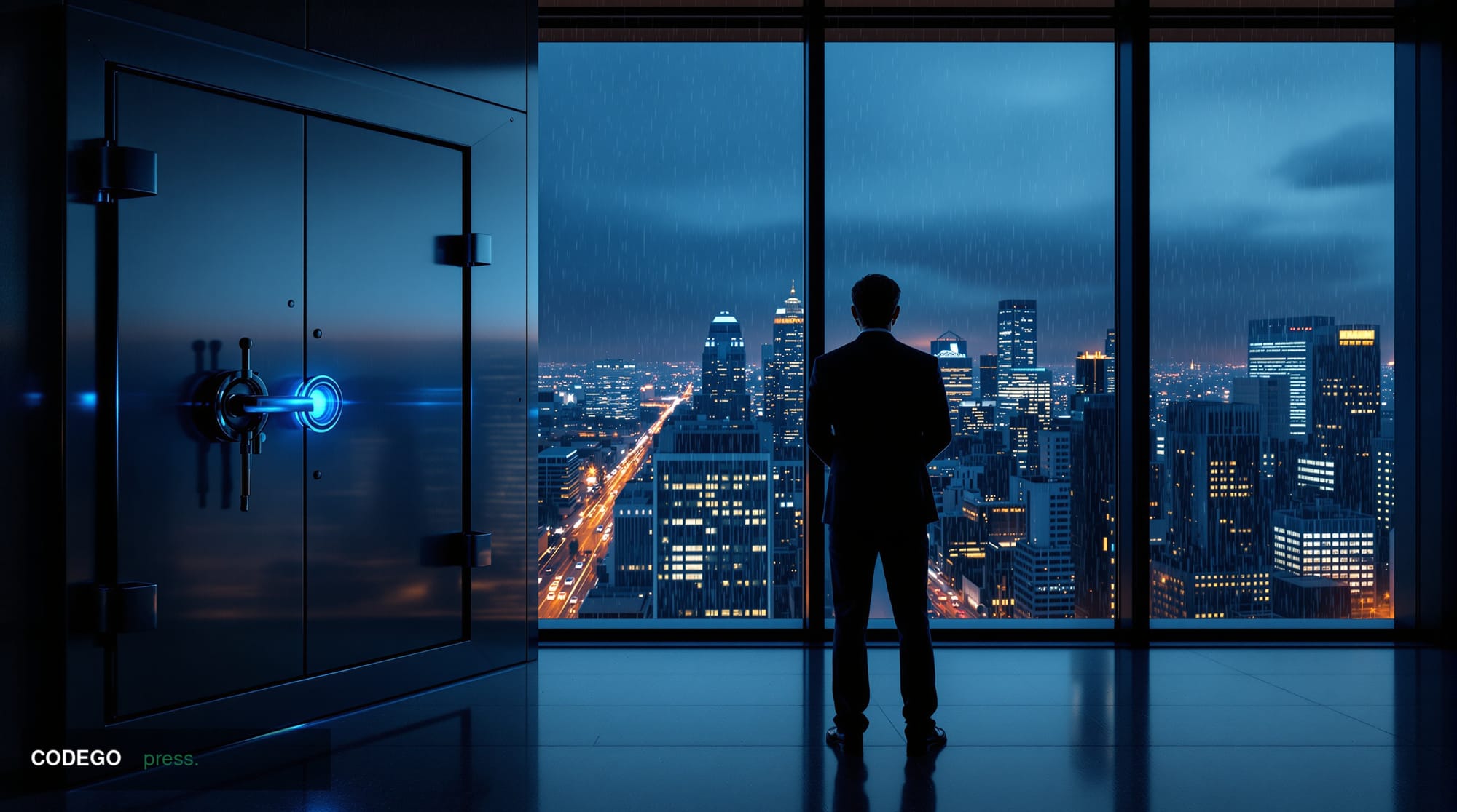 A dramatic cinematic editorial photograph set in a sleek, modern financial operations center in São Paulo, Brazil, with floor