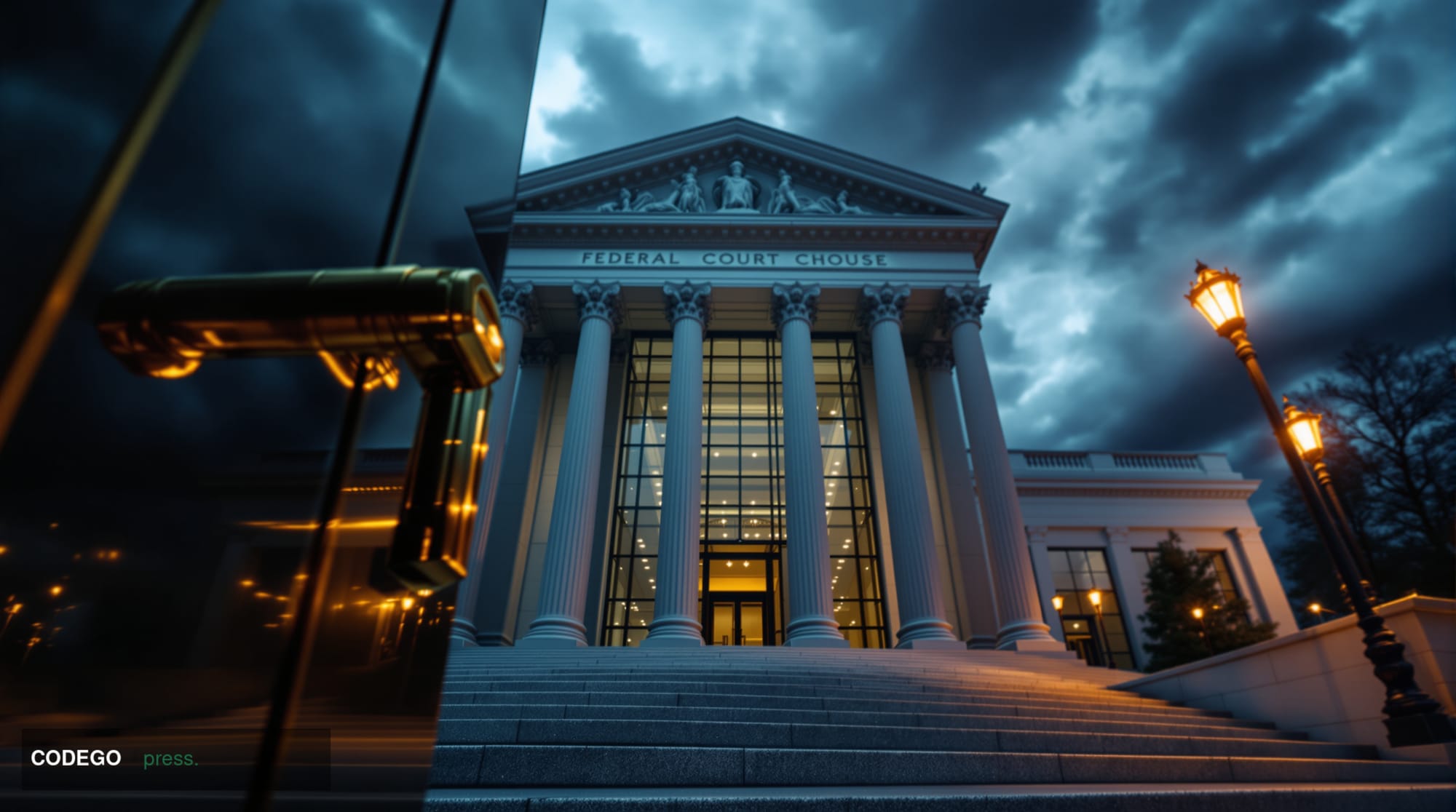 A cinematic editorial photograph taken at ground level looking up at a gleaming glass-and-steel federal courthouse façade in 