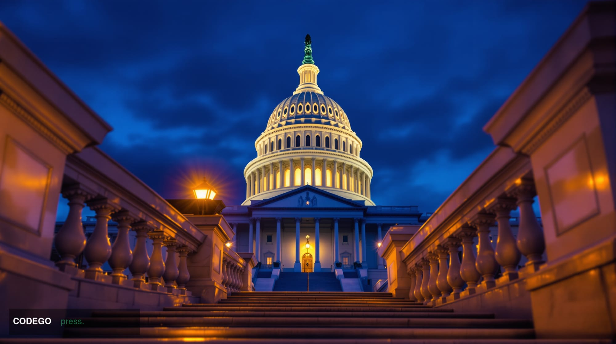 A grand neoclassical United States Capitol building exterior at dusk, photographed from a low-angle wide shot looking upward 