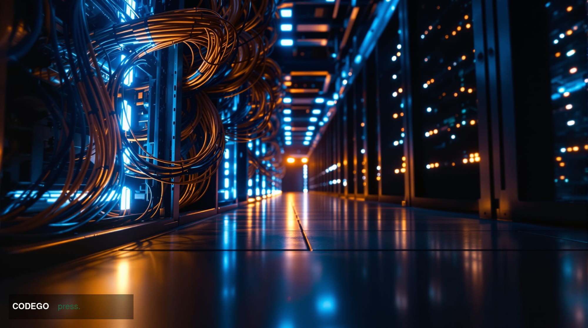 A cinematic editorial photograph shot from a low angle looking up at a dense cluster of fiber-optic cables and server rack in
