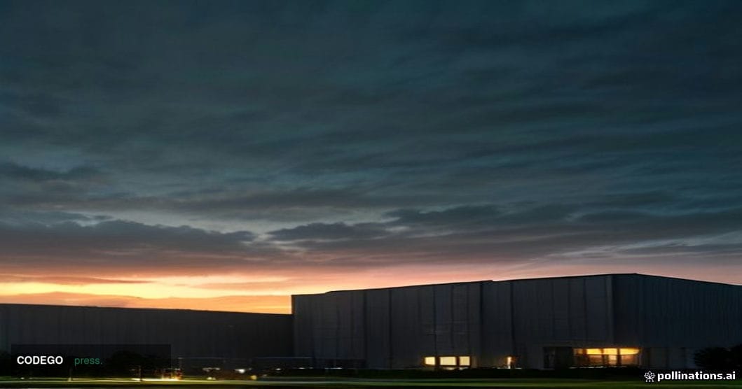A dramatic cinematic editorial photograph of a modern glass-and-steel data center campus at dusk, shot from a low angle looki
