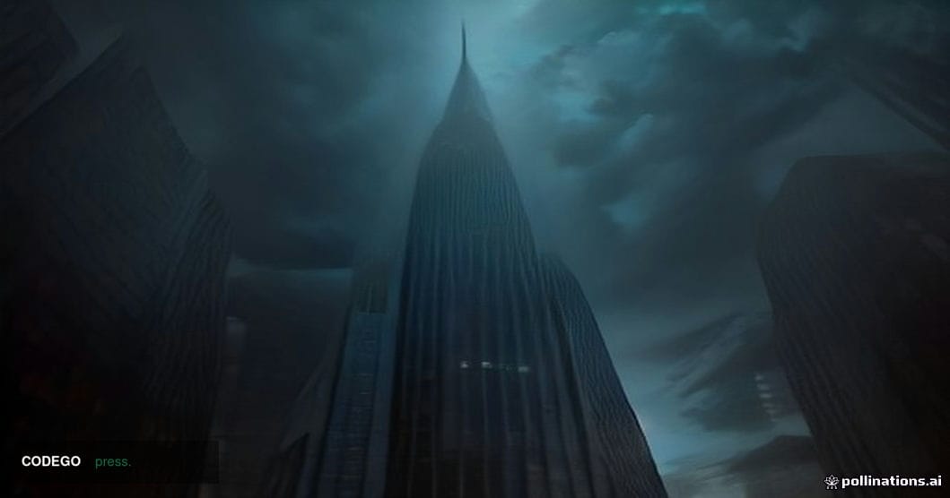 A dramatic wide-angle low-perspective shot of a towering American corporate glass-and-steel skyscraper district at dusk, rend
