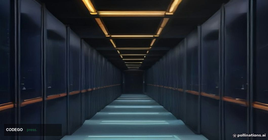 A dramatic cinematic editorial photograph of a sleek, darkened server room corridor shot from a low angle, with rows of blade