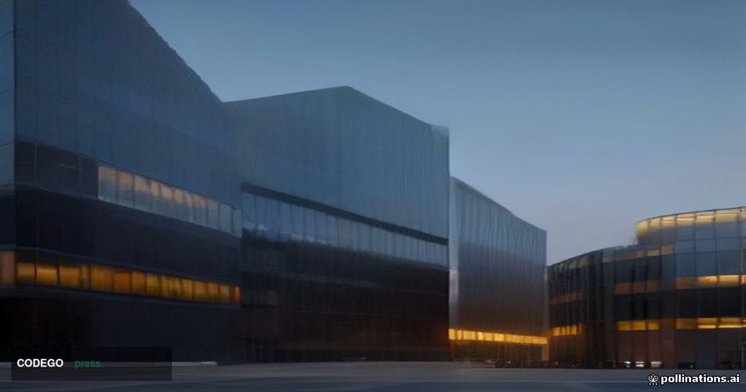 A sleek, modern bank headquarters campus photographed from a low-angle wide shot at dusk, with floor-to-ceiling glass facades
