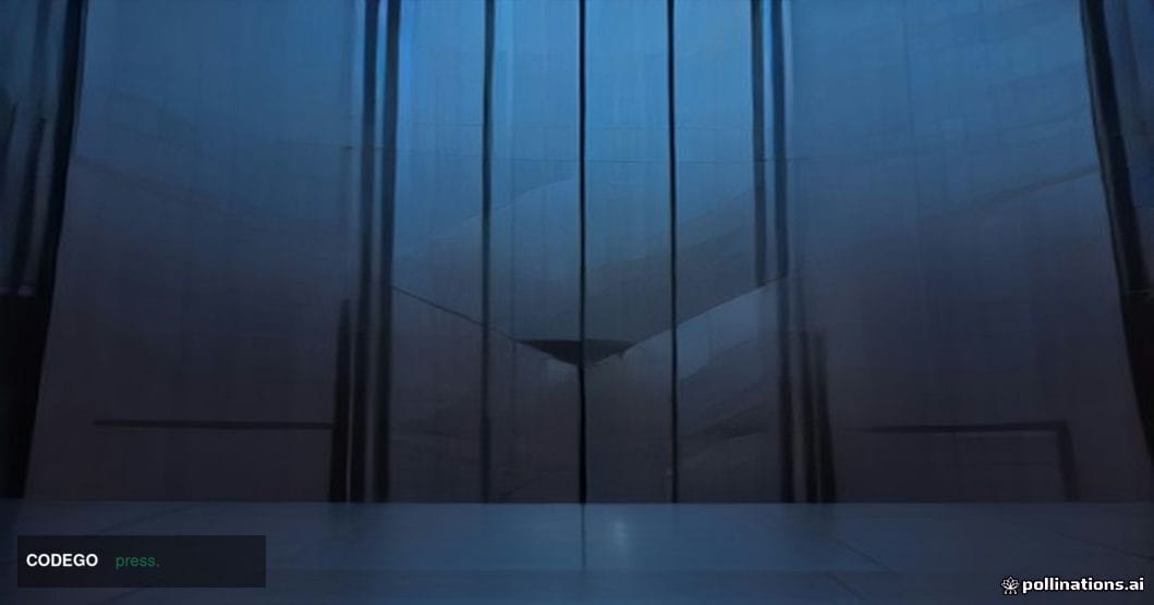 A cinematic editorial photograph of a modern glass-facade bank headquarters building at dusk, set against a deep blue twiligh
