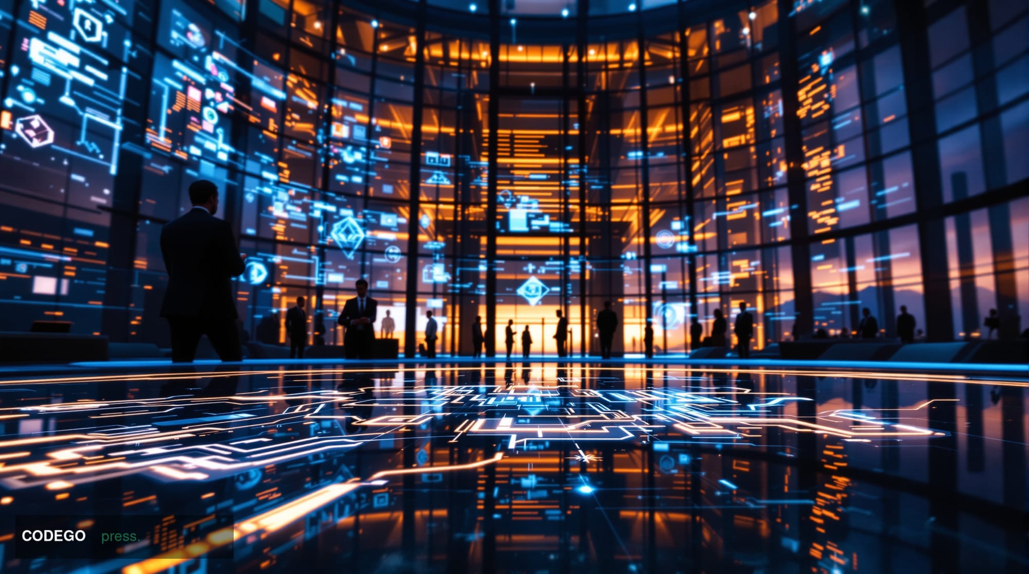 A cinematic editorial photograph of a modern banking operations center interior, shot from a low angle looking upward toward 