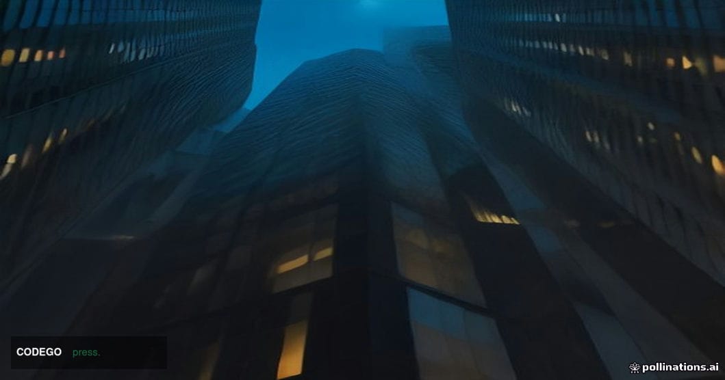 A dramatic cinematic editorial photograph shot from a low angle looking up at the glass-and-steel facade of a major financial