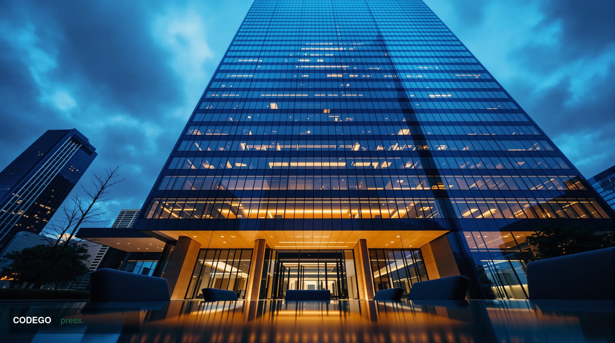A cinematic editorial photograph shot from a low angle looking up at a sleek, modernist financial regulatory building with a 