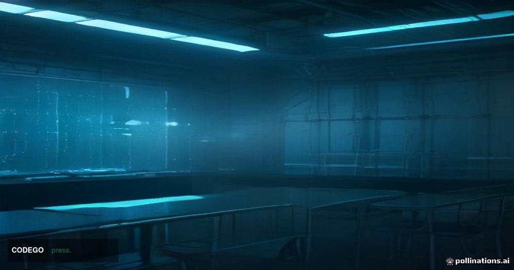 A cinematic editorial photograph shot from a low angle looking up at a gleaming quantum computing laboratory interior, with r