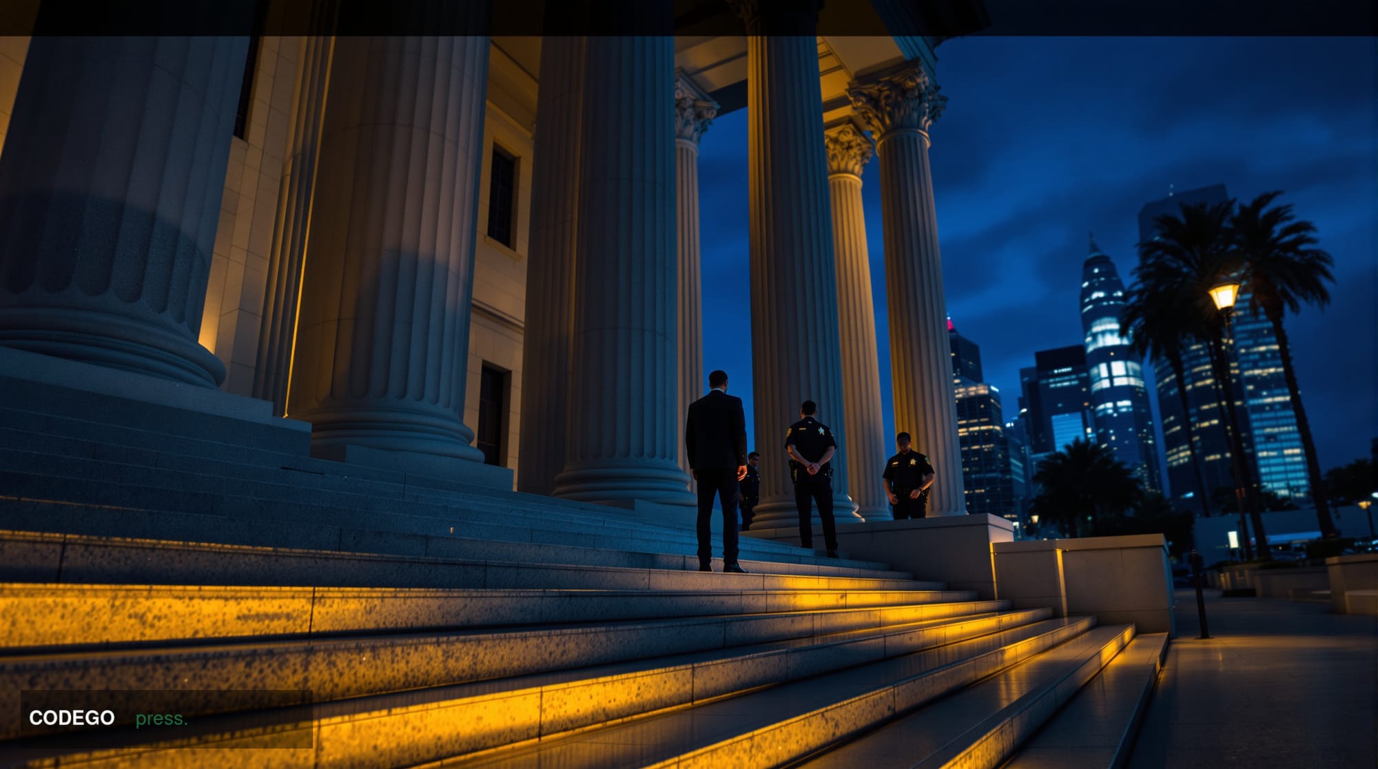 A cinematic editorial photograph set in a Los Angeles federal courthouse exterior at dusk, rendered in photorealistic 8K qual