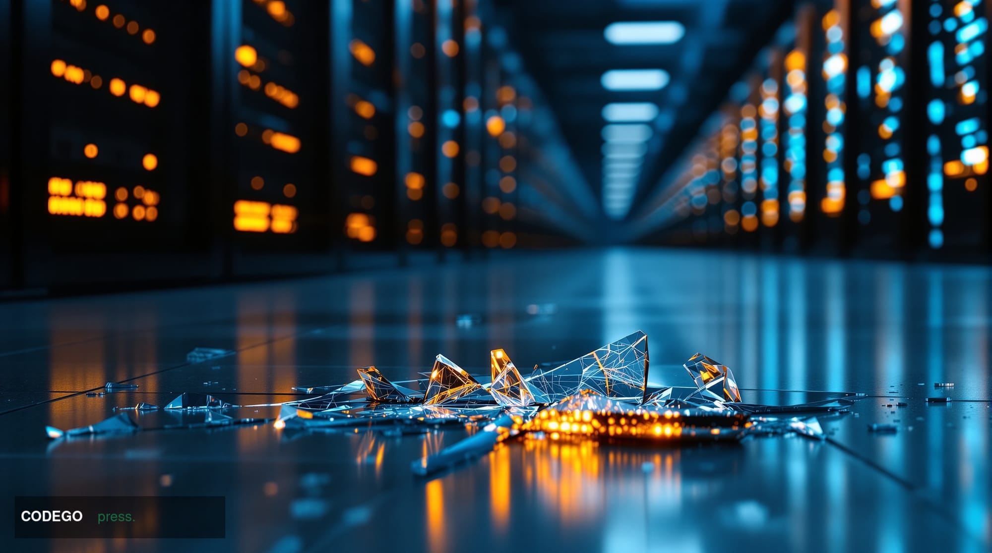 A dramatic cinematic editorial photograph shot from a low angle inside a cold, dimly lit server room corridor, where rows of 