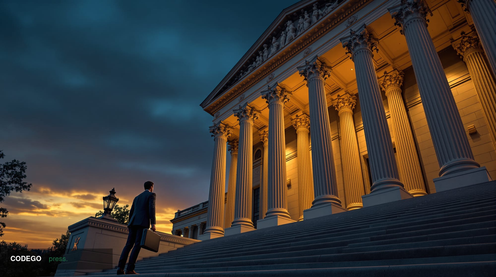 A cinematic photorealistic editorial photograph shot from a low angle looking up at the neoclassical stone columns and facade