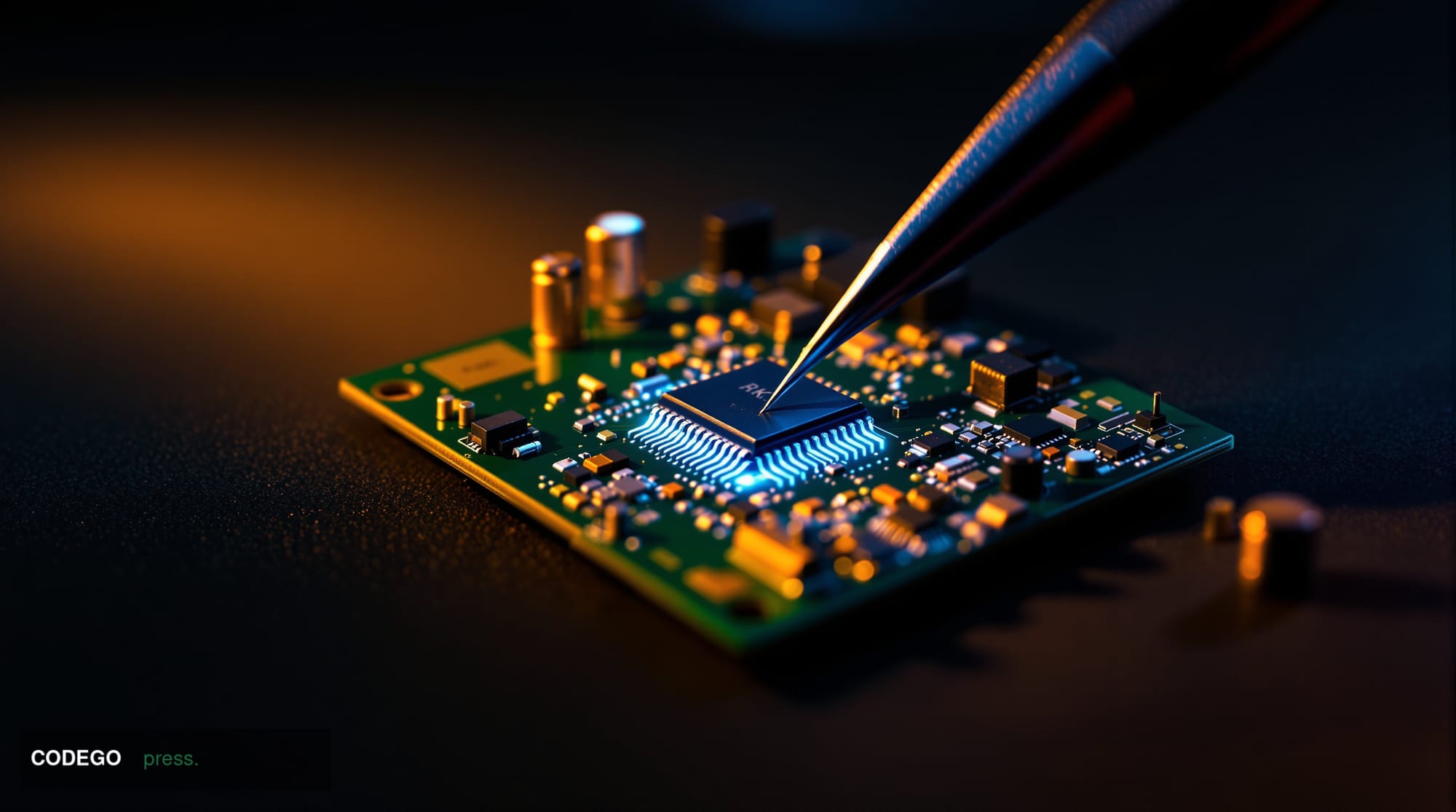 A close-up macro shot of a disassembled hardware cryptocurrency wallet circuit board on a dark matte surface, illuminated by 