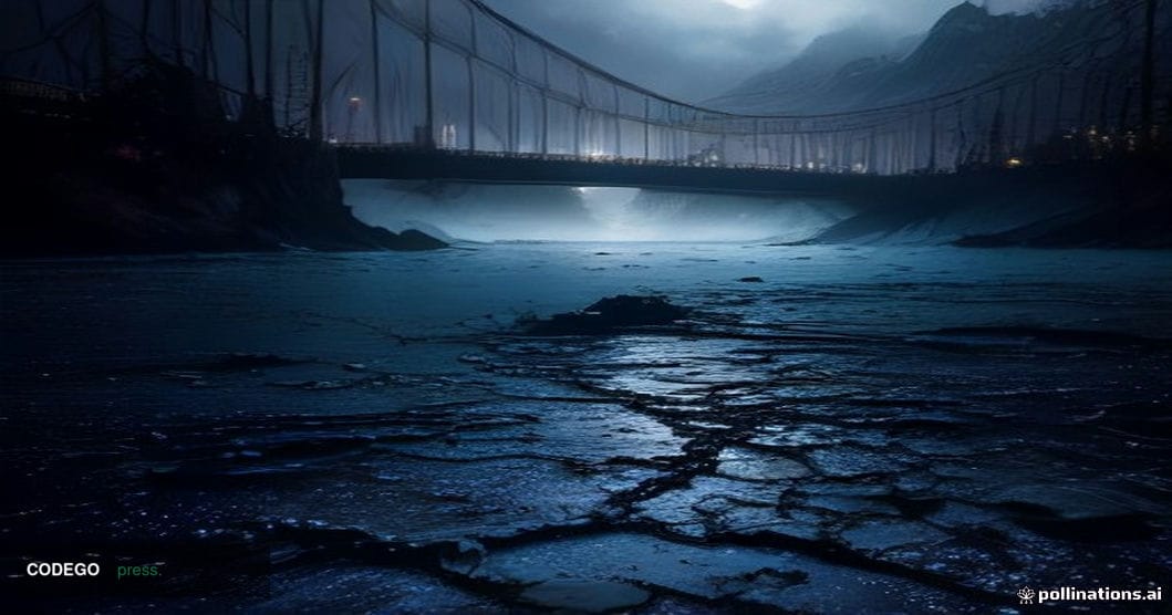 A dramatic cinematic editorial photograph of a fractured digital bridge rendered as a physical steel suspension bridge over d