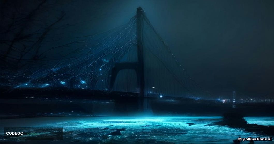 A dramatic cinematic editorial photograph of a fractured digital bridge structure rendered in physical form — a sleek steel a