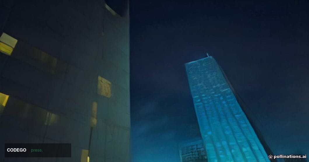 A dramatic low-angle shot of the exterior of a glass-and-steel Nasdaq-listed corporate office building at dusk, bathed in col