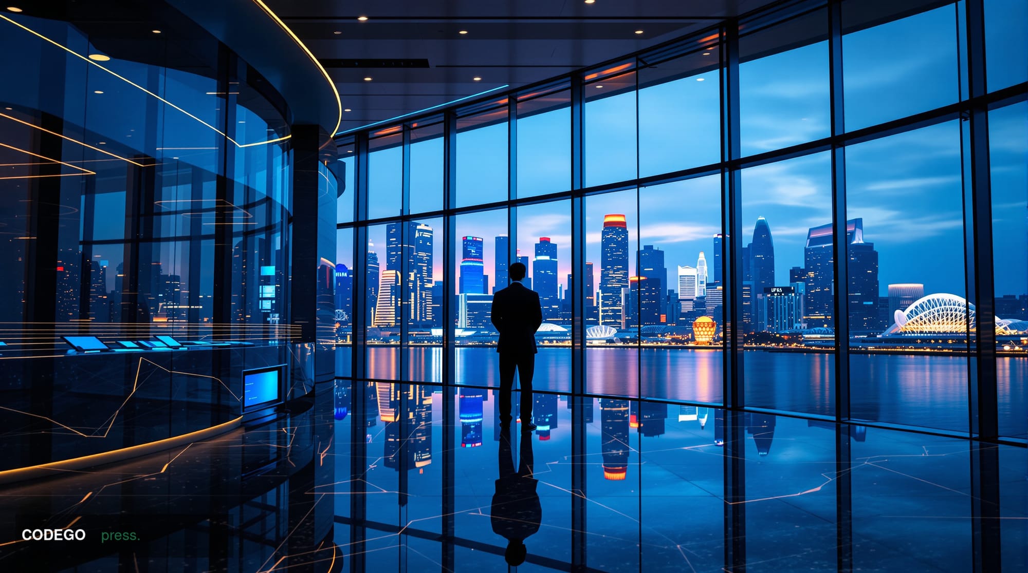 A photorealistic cinematic editorial photograph depicting the interior of a sleek, high-ceilinged institutional banking opera