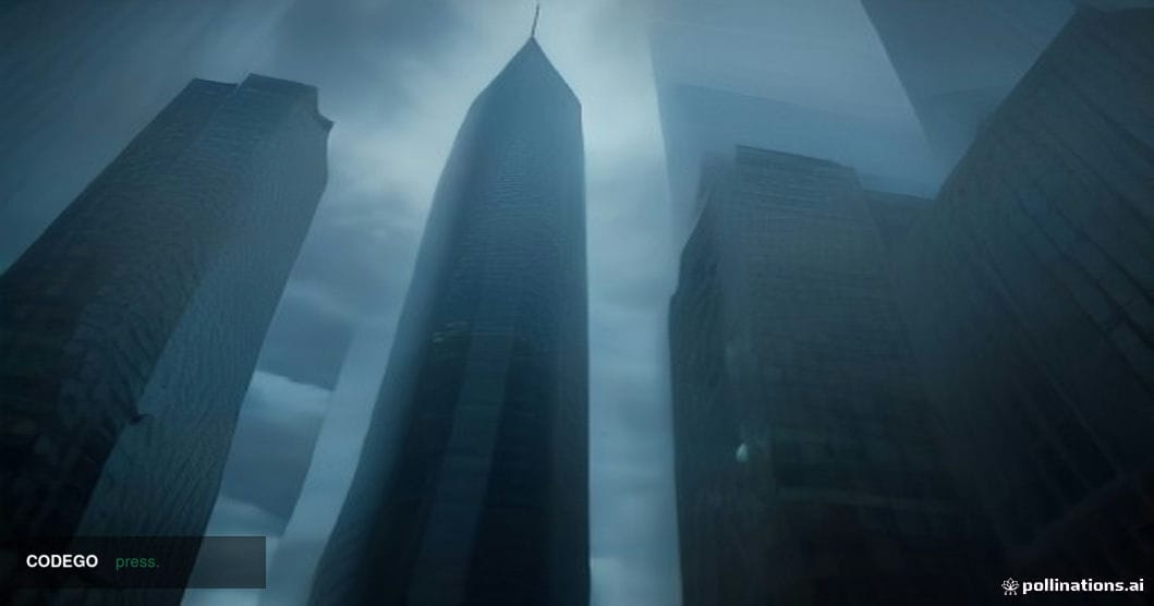 A cinematic editorial photograph depicting a sleek, ultramodern financial district at dusk, shot from a low-angle perspective