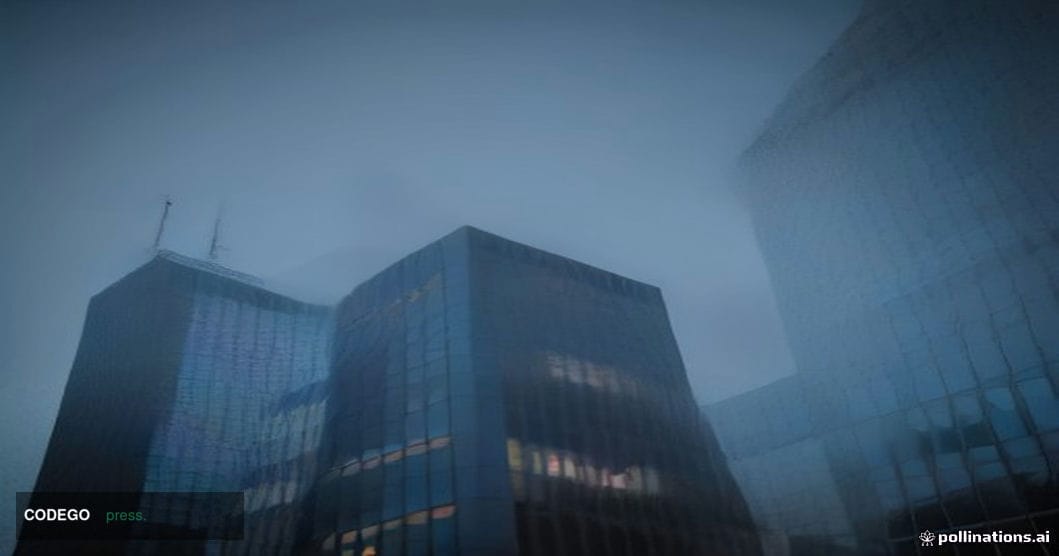 A cinematic editorial photograph of Deutsche Bank's iconic twin-tower headquarters in Frankfurt's banking district, shot from