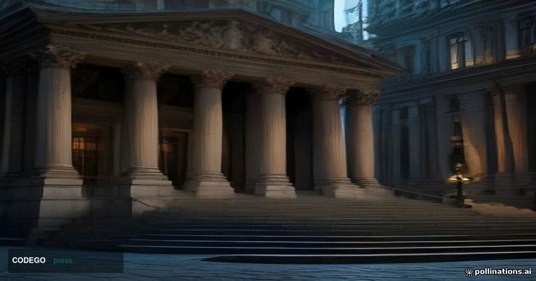 A cinematic editorial photograph of the exterior of the Frankfurt Stock Exchange — the iconic neoclassical stone façade with 