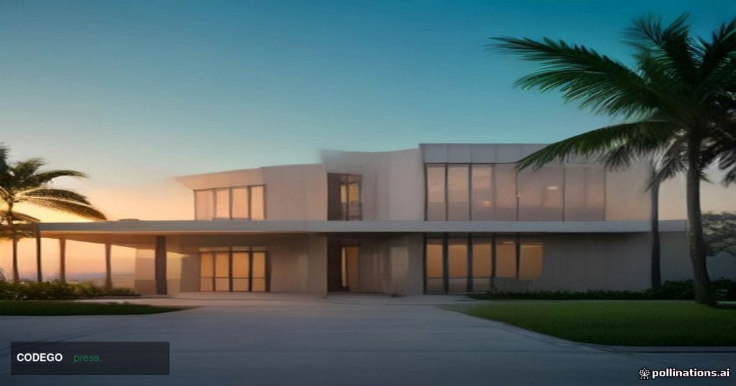 A cinematic photorealistic editorial photograph shot at golden hour along Florida's Gulf Coast, with a sleek modern bank bran