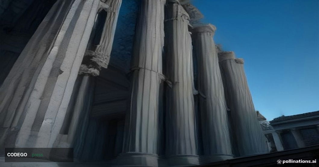 A dramatic cinematic editorial photograph taken from a low-angle perspective looking up at the imposing neoclassical granite 