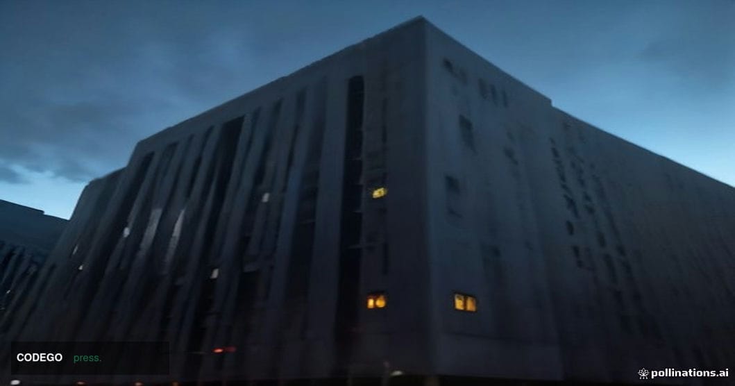 A dramatic cinematic editorial photograph shot from a low angle looking up at a monumental brutalist U.S. federal government 