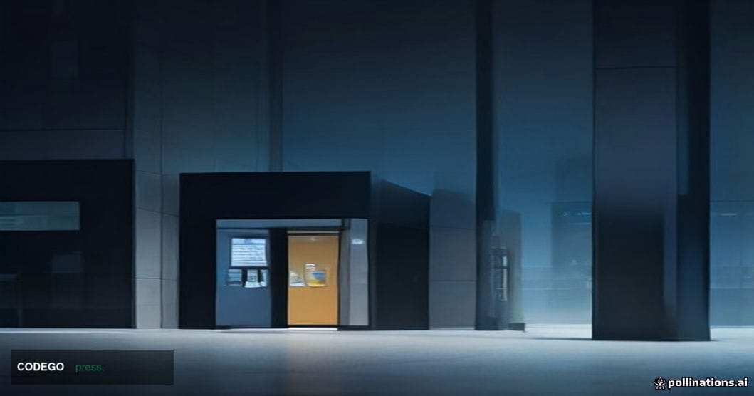 A photorealistic editorial photograph of a modern bank branch exterior at dusk, with a sleek cash-recycling ATM vestibule vis