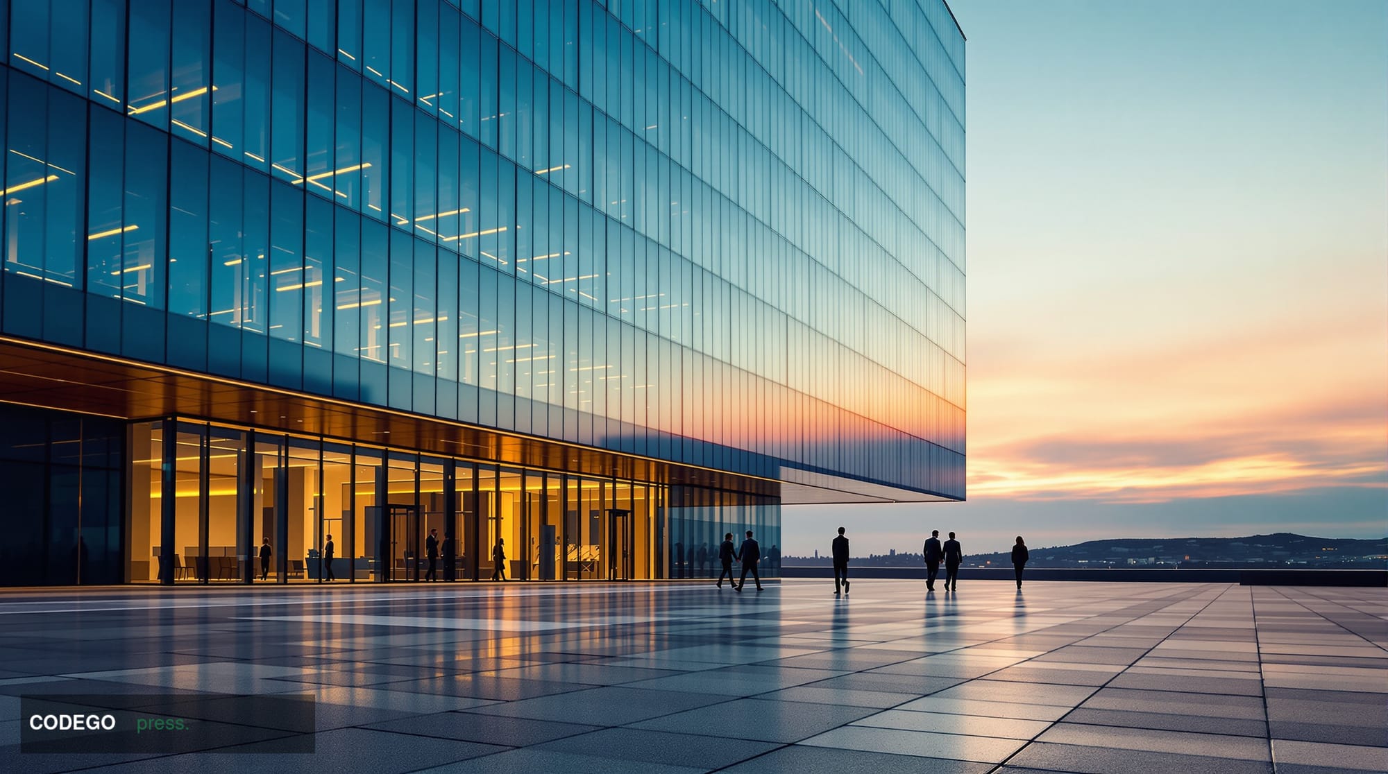 A cinematic editorial photograph shot from a low angle looking up at a monumental glass-and-steel Nordic bank headquarters at