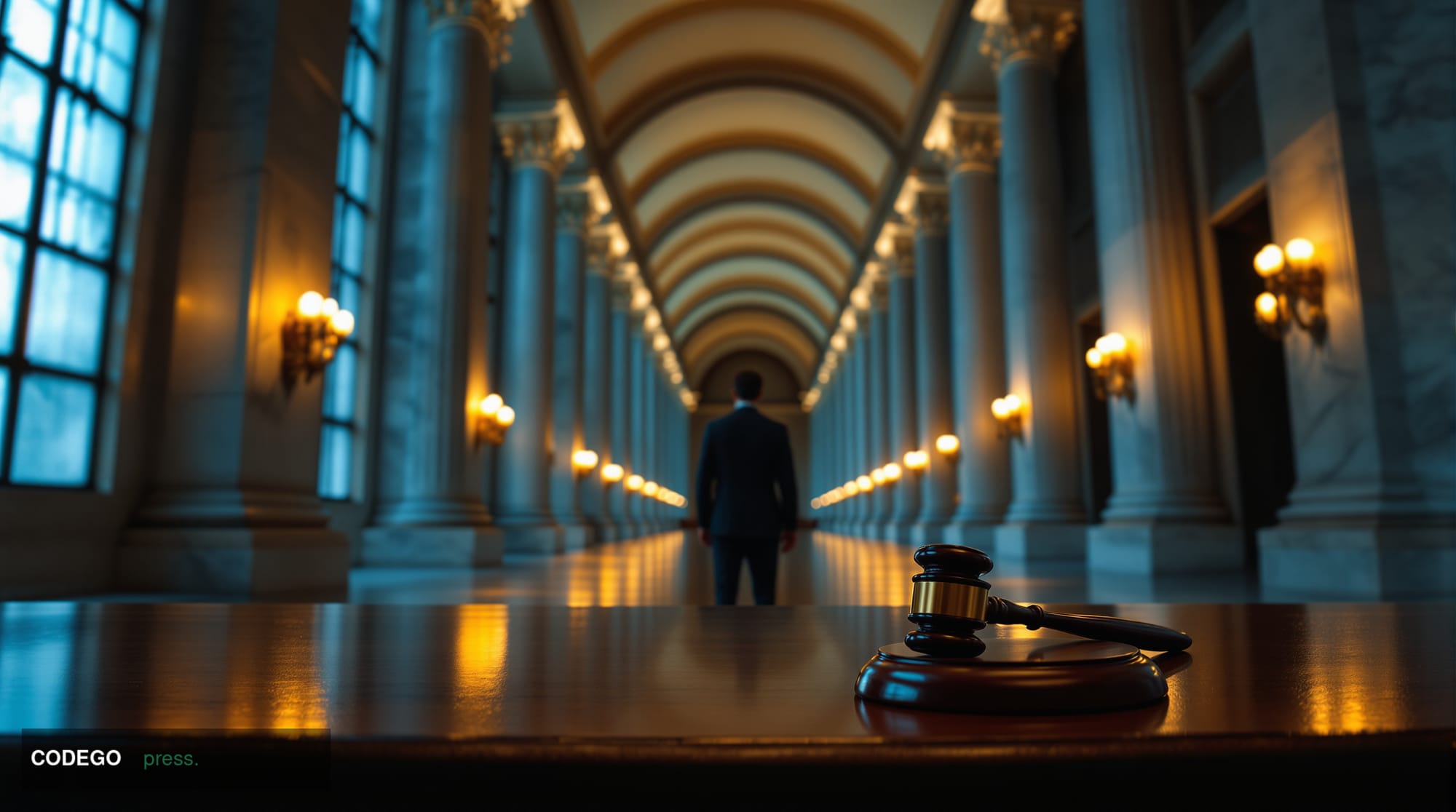 A cinematic editorial photograph set inside a grand federal courthouse corridor in lower Manhattan, shot from a low angle loo