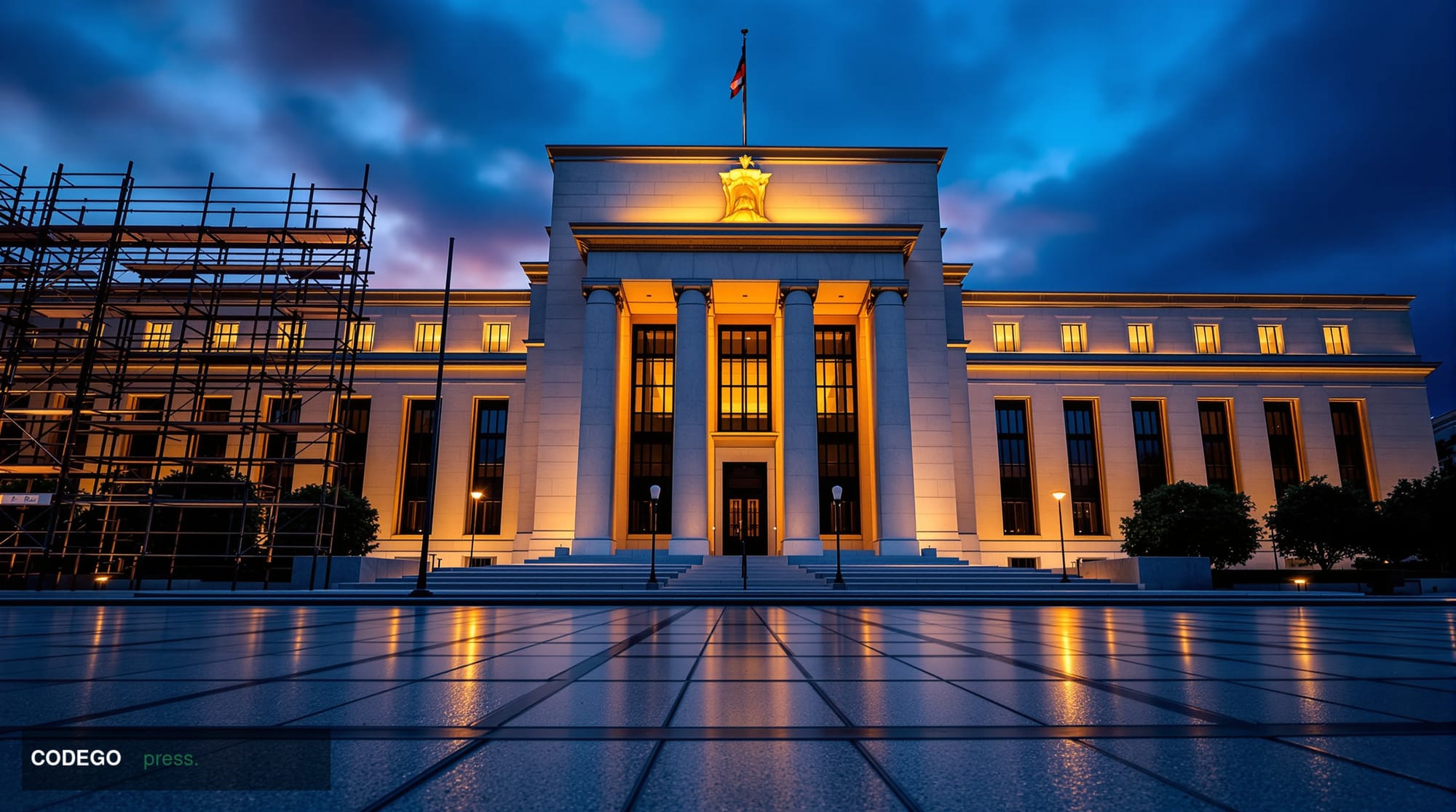 A wide-angle cinematic shot of the neoclassical Federal Reserve Board headquarters building in Washington D.C. at dusk, its g