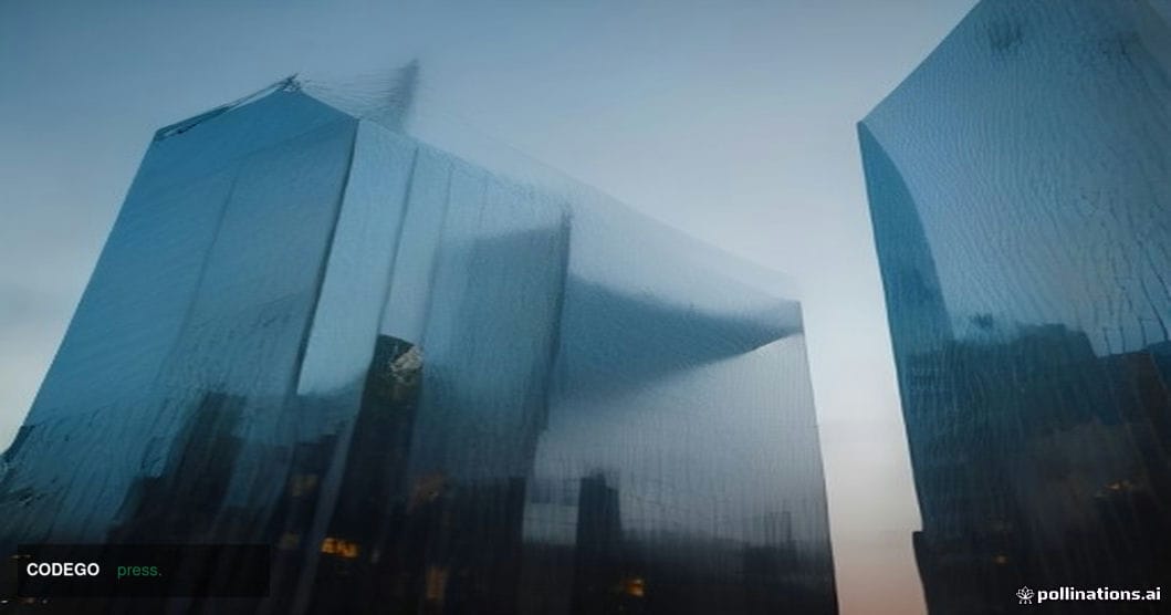 A dramatic cinematic editorial photograph of a modern financial district at dusk, featuring a sleek glass-and-steel corporate